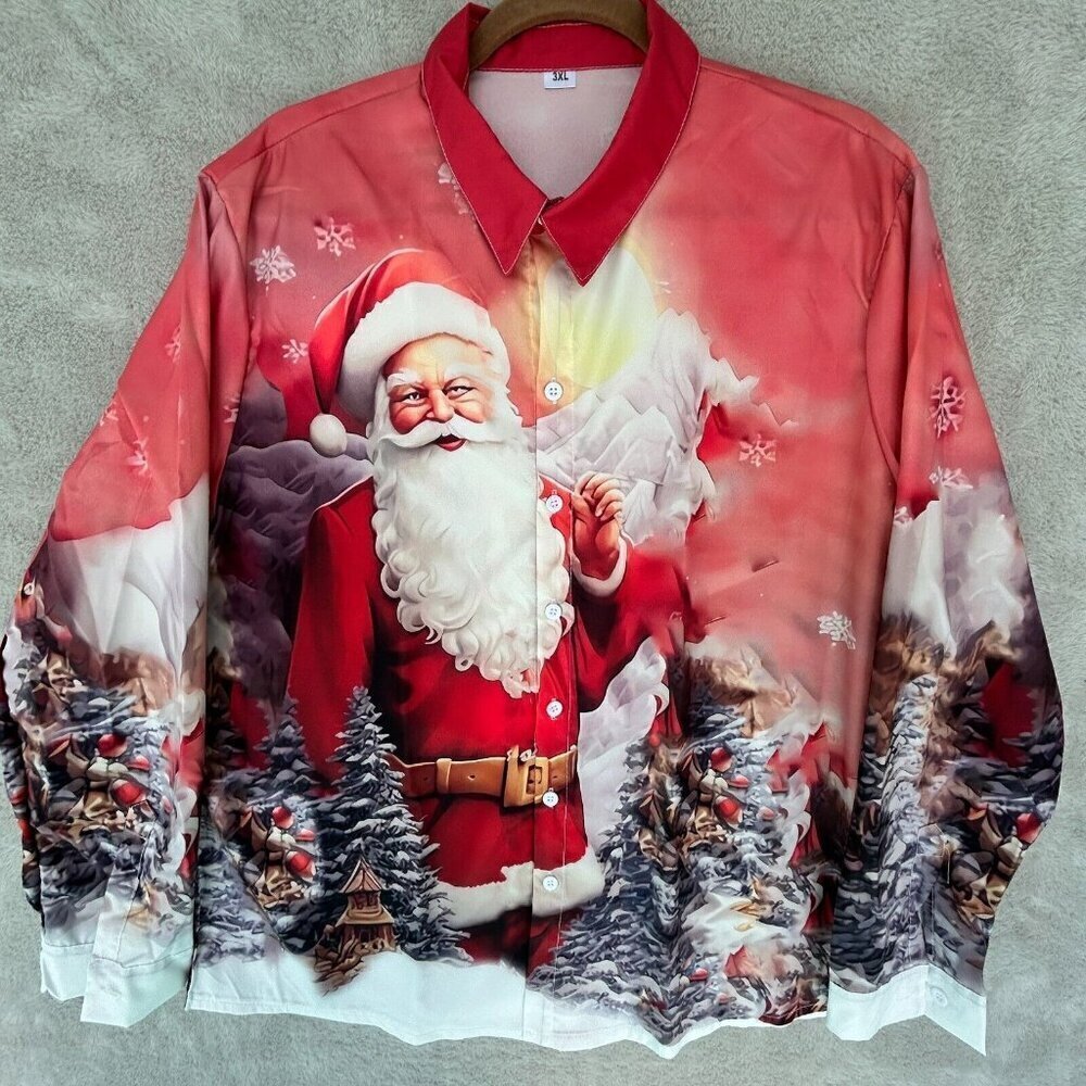Santa Christmas Printed Polyester Long Sleeve Shirt Mens 3XL Holiday Party